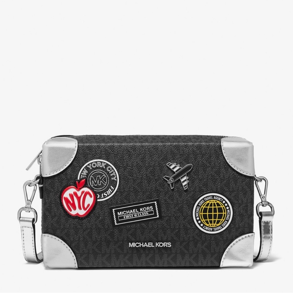 Michael Kors Jeanie Small EW Trunk Crossbody Travel Agency MK Logo Black/Silver - Picture 7 of 16